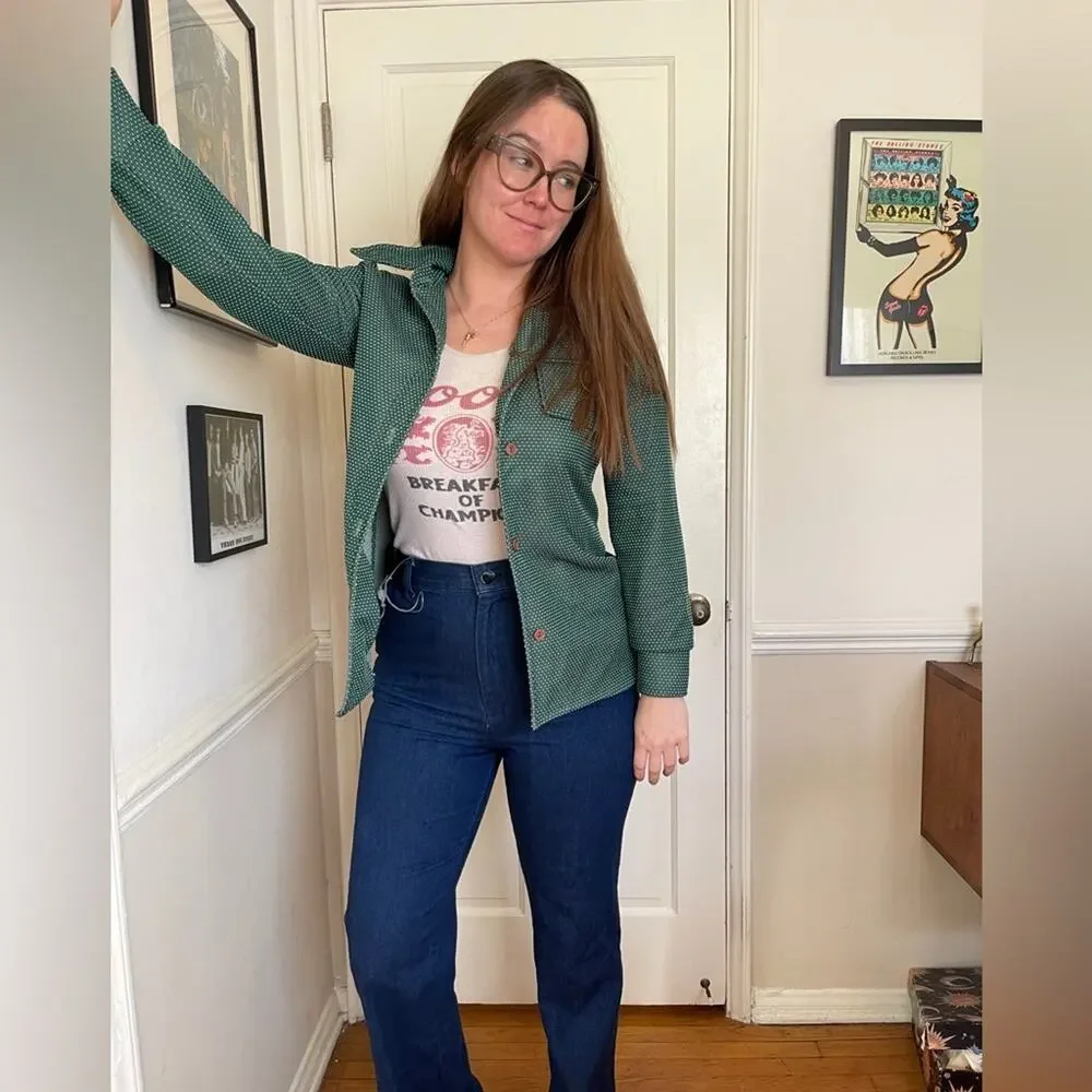 70s Vintage Green Swiss Dot Polka Dot Shirt Jacket w Dagger Collar - Picture 1 of 5